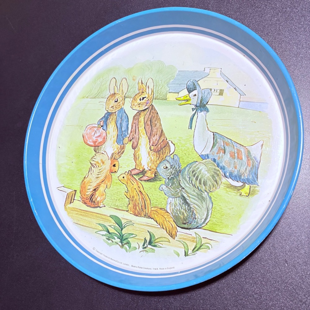 vintage Peter rabbit round metal tin tray made in England nursery art decor baby